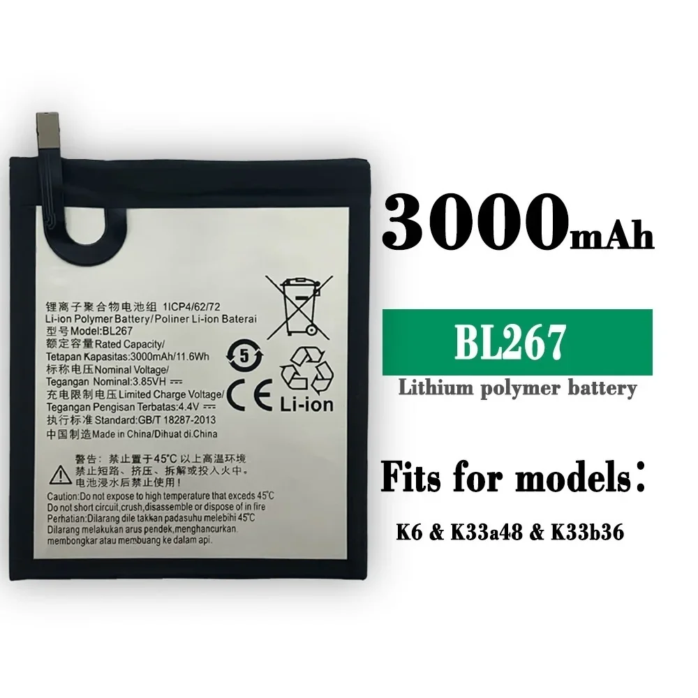 BL267 Battery For Lenovo K6 K33A48 K33B36 3000mAh Rechargeable Mobile Phone Batteries + Free Tools