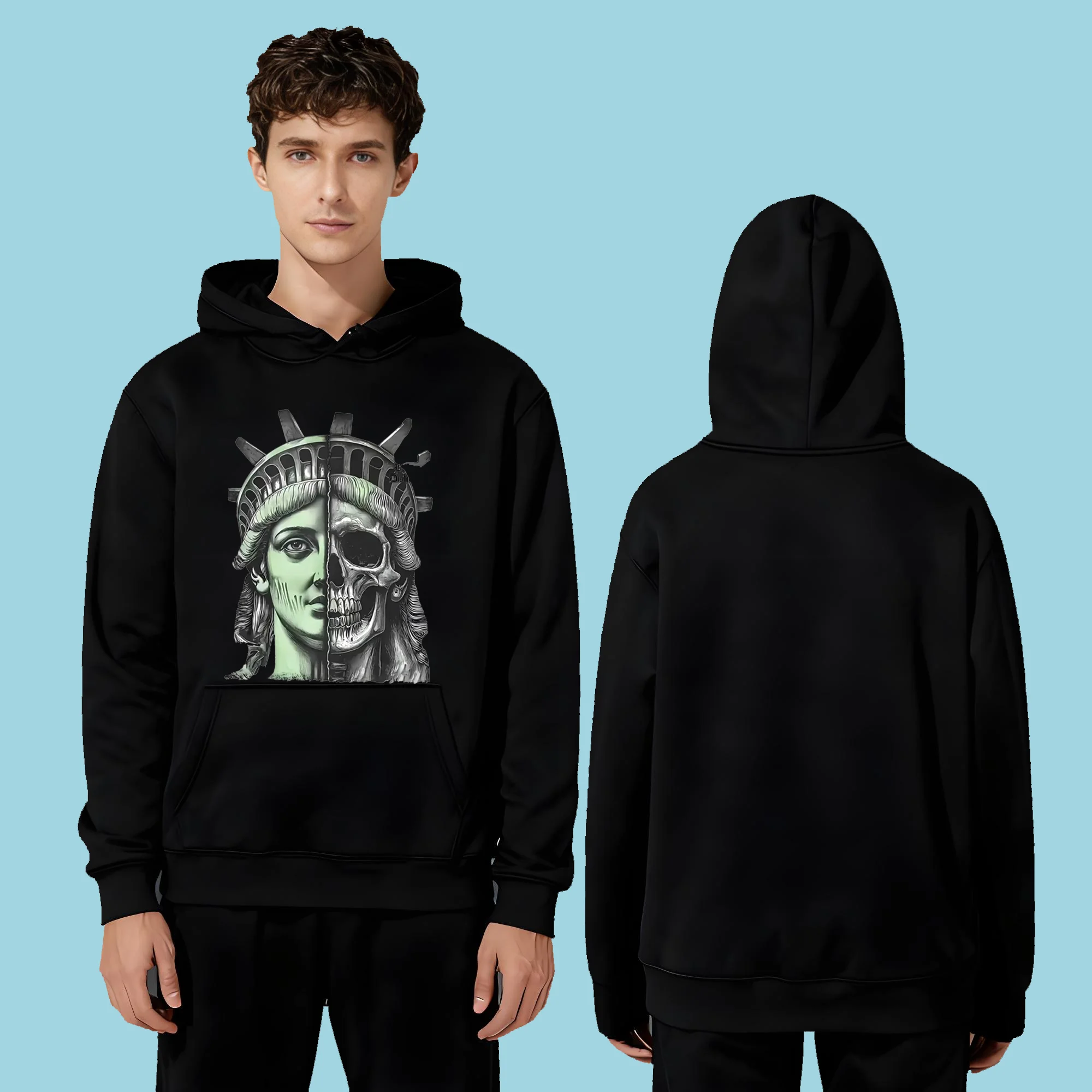 

The latest casual fashion 330-gram heavyweight hoodie for men and women in 2025 featuring a print of the Statue of Liberty