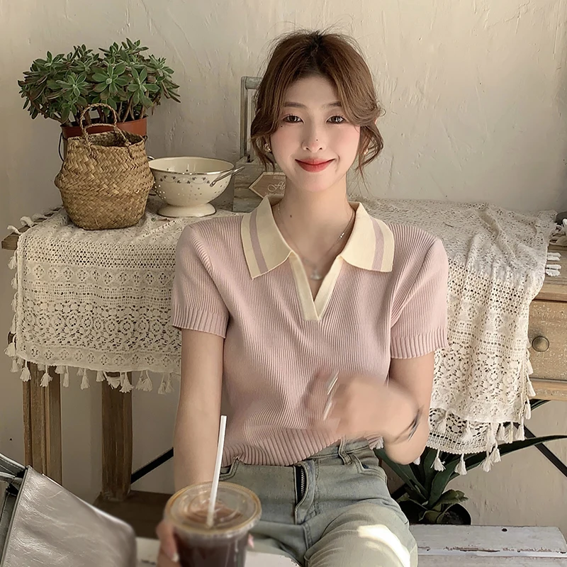 Korean Summer Color Collision Casual Fashion Versatile Short Paragraph Knitted Short-sleeved T-shirt Tops