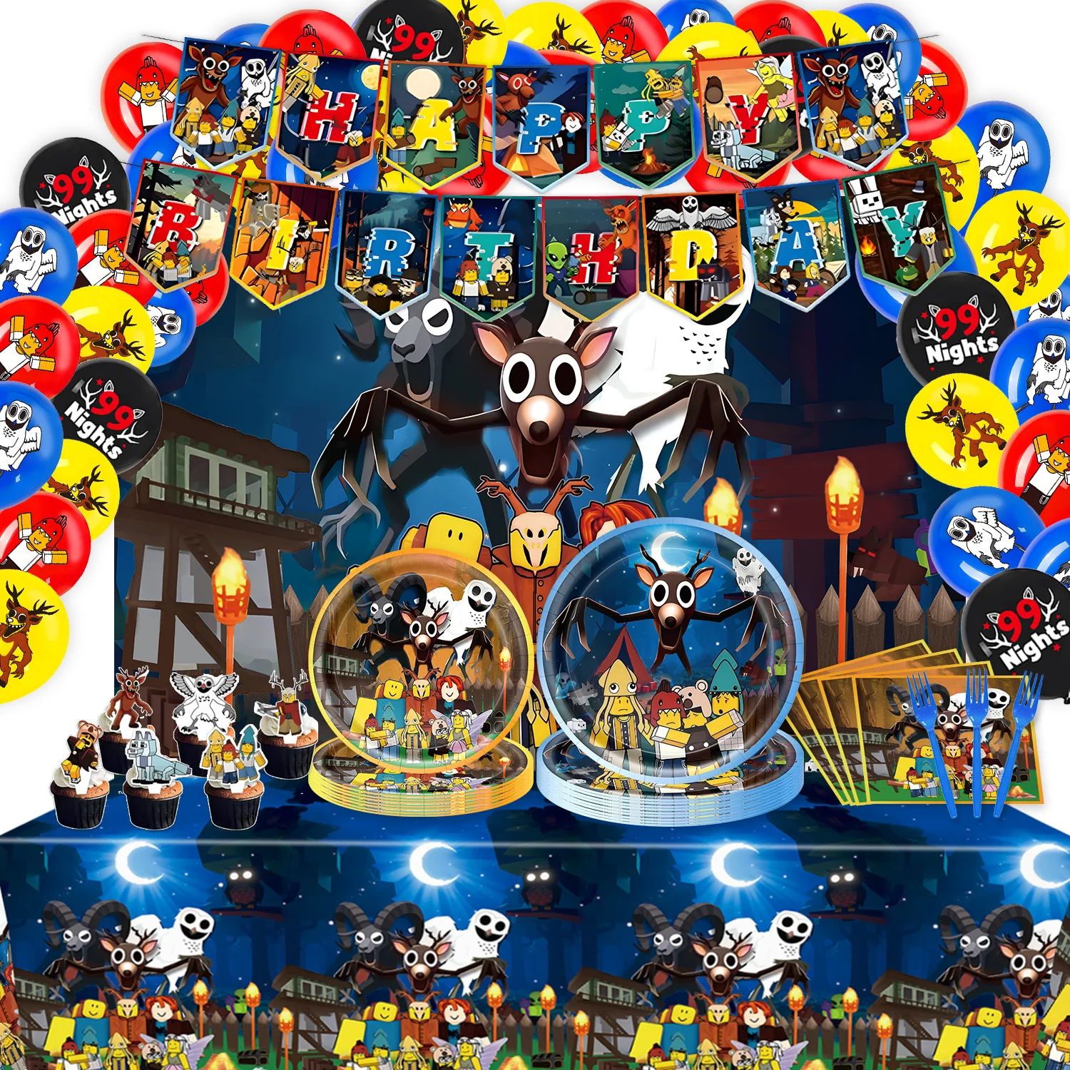 ROBLOX 99 ليال في الغابة حفلة عيد ميلاد ديكور أدوات المائدة لوحة حقيبة بالون كعكة توبر خلفية لعبة أطفال مجموعة لوازم الحفلات