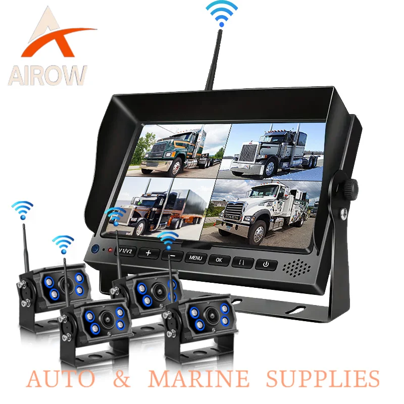 Airow auto AHD Wireless Rear Front View Car Backup Camera Monitor Kits  Monitor with 4 Camera for RV Truck Bus Trailer Lorry