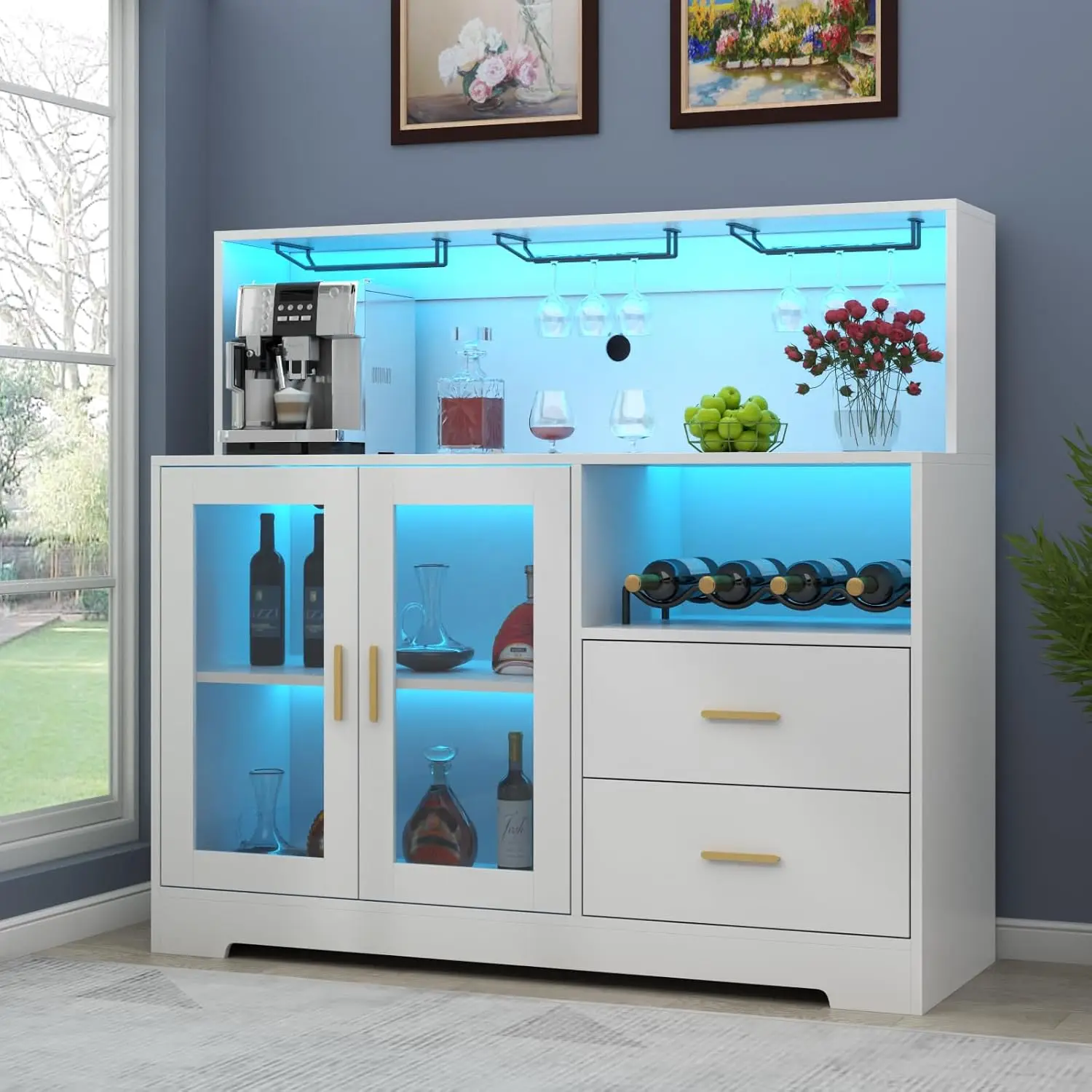 Mueble para bar de vinos con luz LED, mueble para café casero con estante para vino y copas, aparador de cocina con gabinete de almacenamiento y cajones