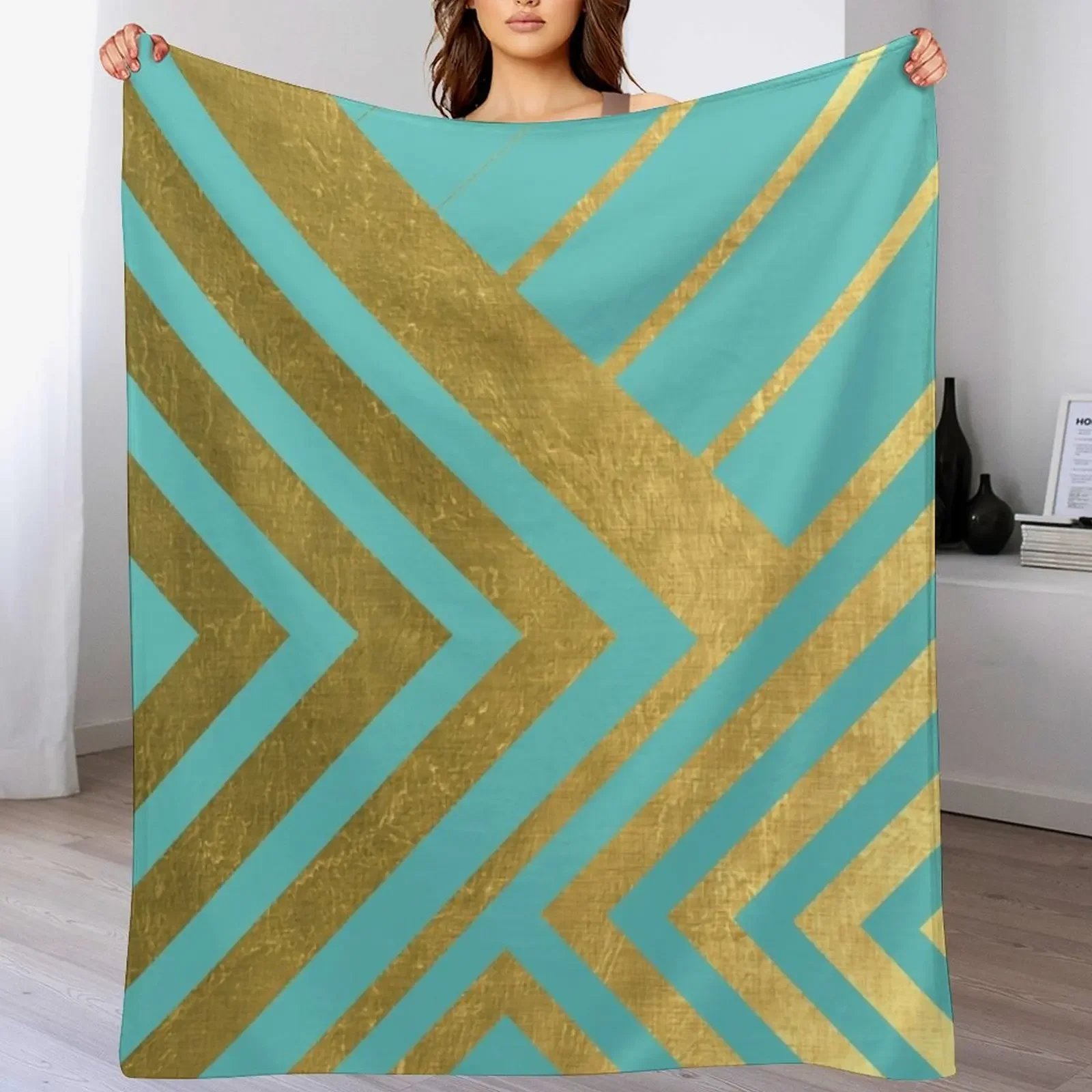

Turquoise and Gold Geometric Luxe Throw Blanket Soft Warm Blanket Gift for Men Women Adults