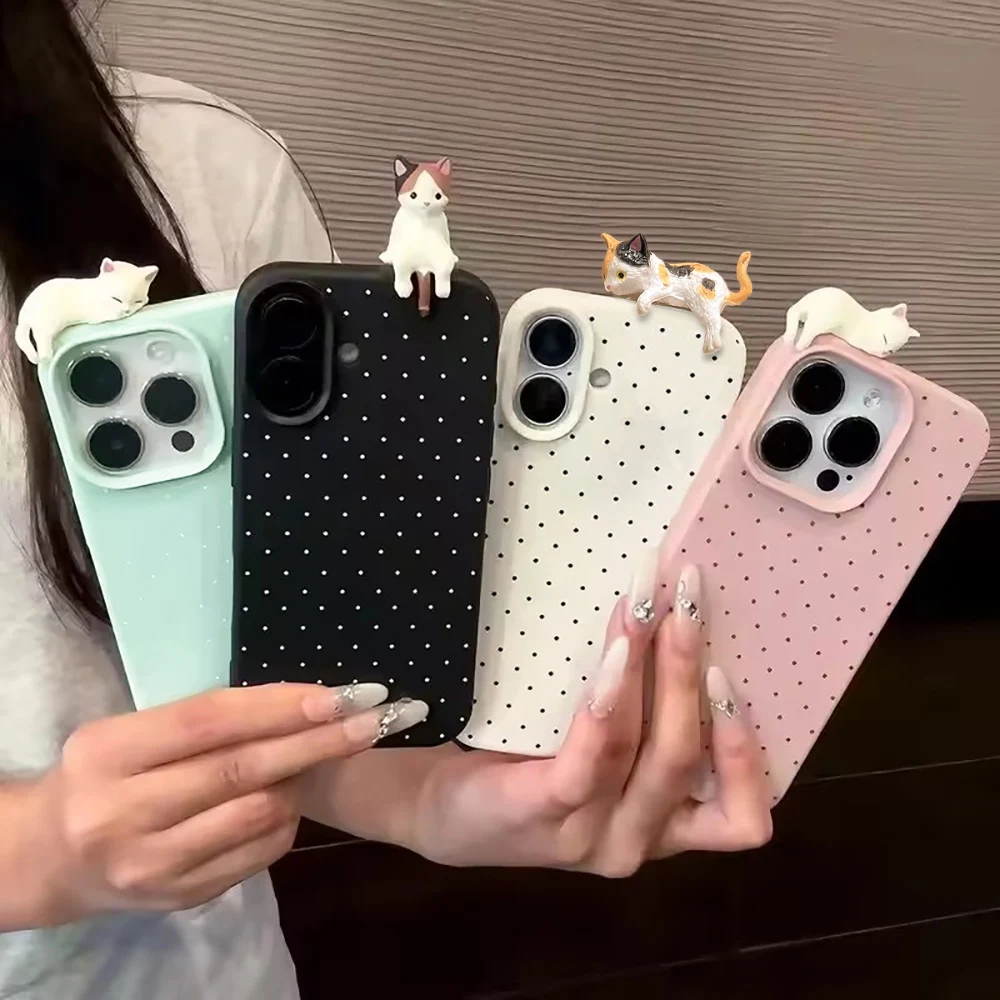 Süße 3D-Katzen-Punkt-Leder-Handyhülle für iPhone 15 16 11 12 13 14 Pro Max 15 Plus iPhone 17 17 schöne stoßfeste Cartoon-Katze