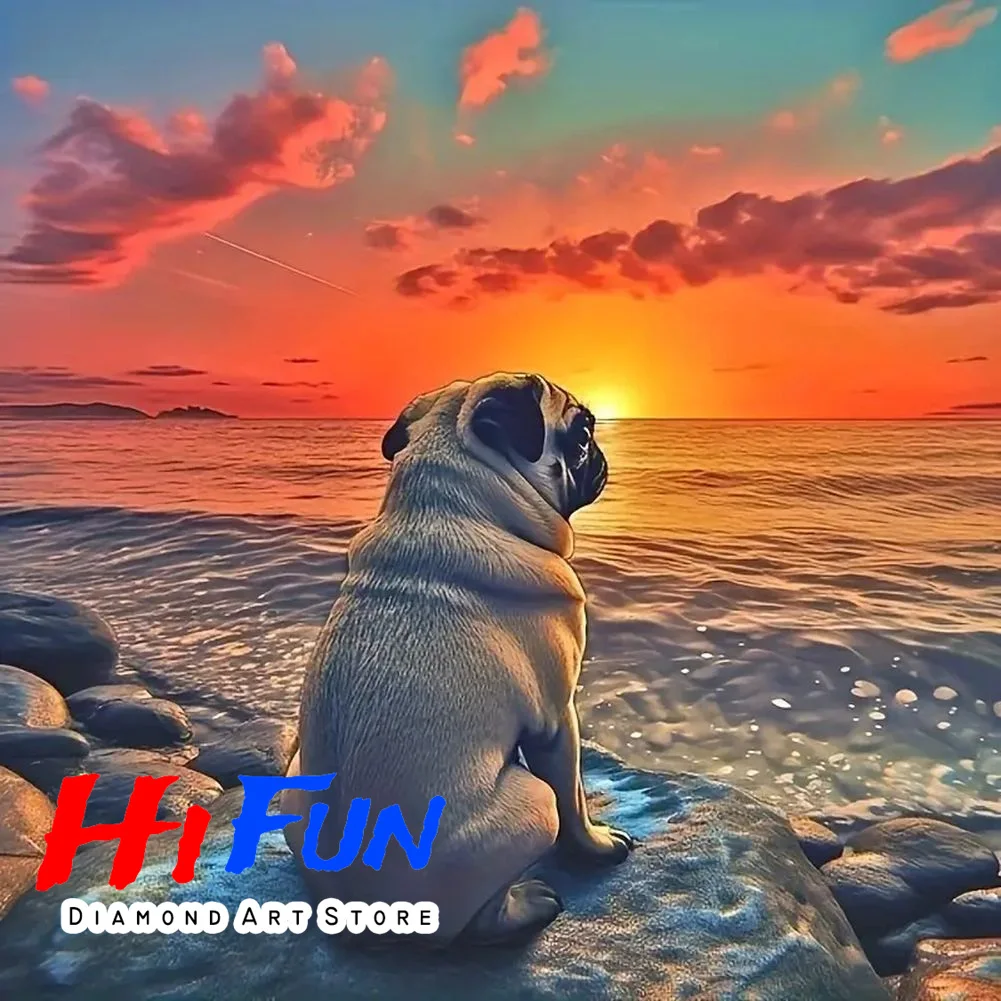 

Full Square Round Diamond Embroidery Mosaic Sunset Beach Pug DIY Diamond Painting New Gift for Pug Owner Pug Memorial Painting