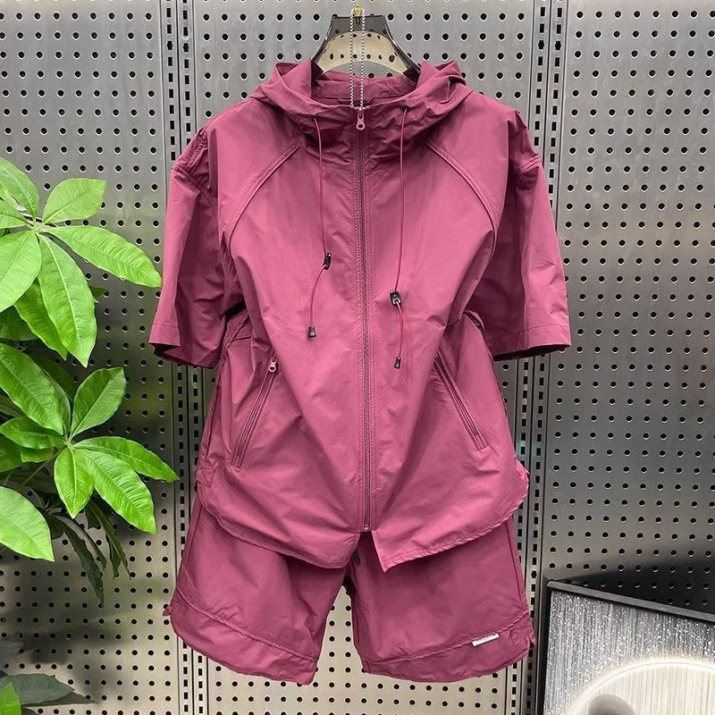 

2026 Summer Men's Outdoor Sports Casual Quick Dry 2 Piece Set Hooded Short Sleeve & Shorts Street Cargo Tracksuit