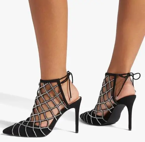 

Luxury Women Bling Crystal Rhinestone Cage Mesh Pointed Toe Ankle Lace Up Slingback Thin Heels Summer Sandals Pumps Party Shoes