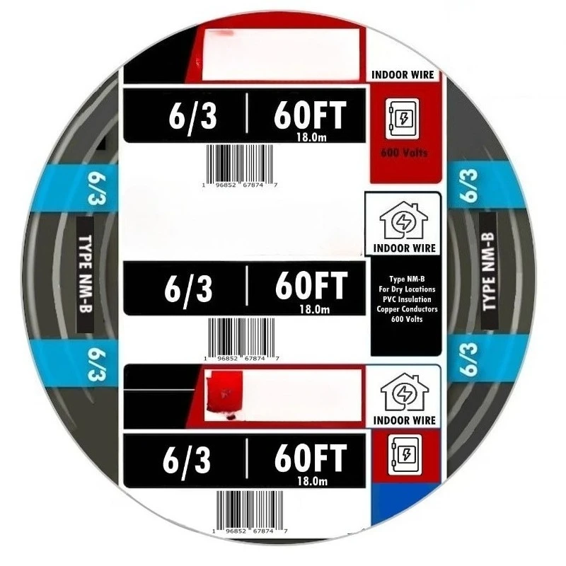 High quality 60 FEET 6/3 Type NM-B Copper. #6 AWG, 3 Conductor with Ground. Insulated Jacket Black