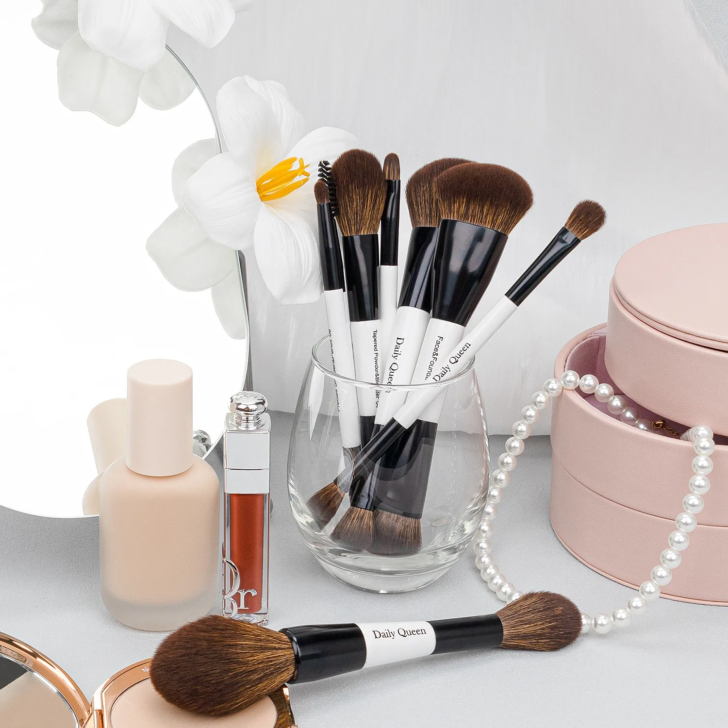 8pcs  Nano Hair White Double-ended Wooden Handle Powder Makeup Brushes Premium Quality &  Feel Custom Logo
