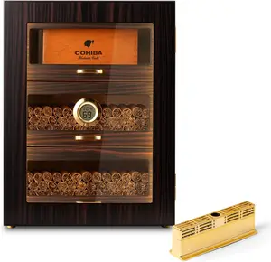 Desktop Cigar Humidor Cabinet for Men, Holds 150 Counts with LED Lighting, Spanish Cedar Drawers & Digital Hygrometer