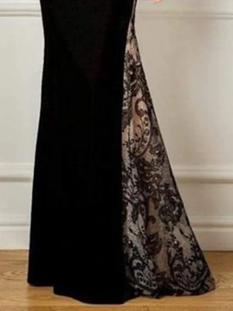 Mermaid Mother of the Bride Dress Wedding Guest Floor Length Lace Velvet Long Sleeve No with Appliques Evening Gown
