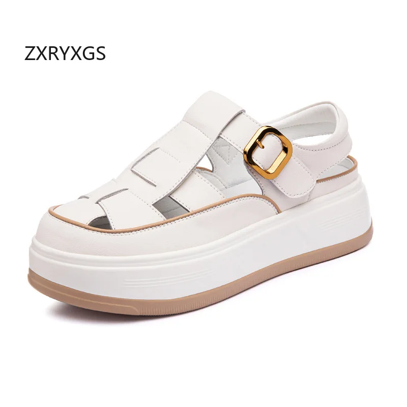 ZXRYXGS 2026 New Summer Genuine Leather Knitted Hollow Roman Sandals Thick Soled Increase Wedges Sandals Women's Sandal Shoes