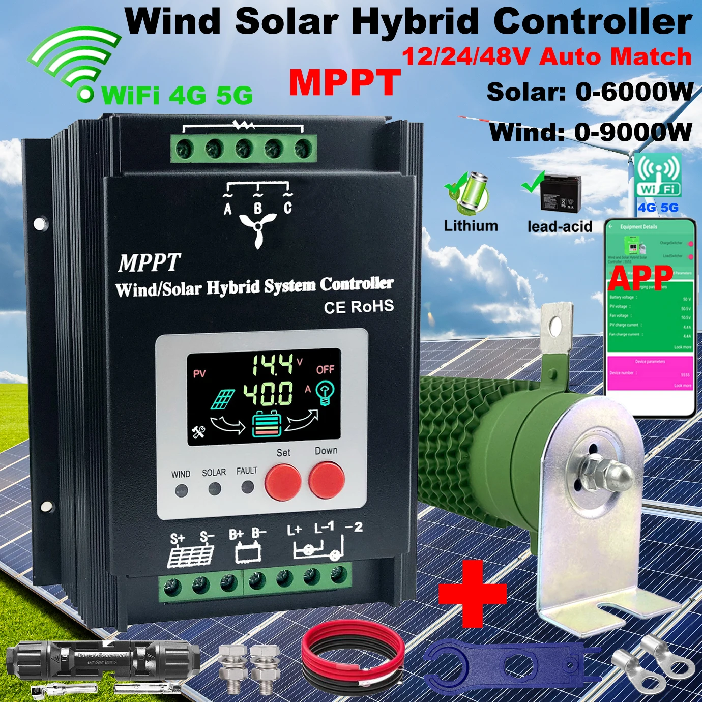 

3000W 5KW 12V 24V 48V WIFI Hybrid Wind Controller MPPT Board Solar Panel Charger LCD Display For Lifepo4 Lithium All Battery