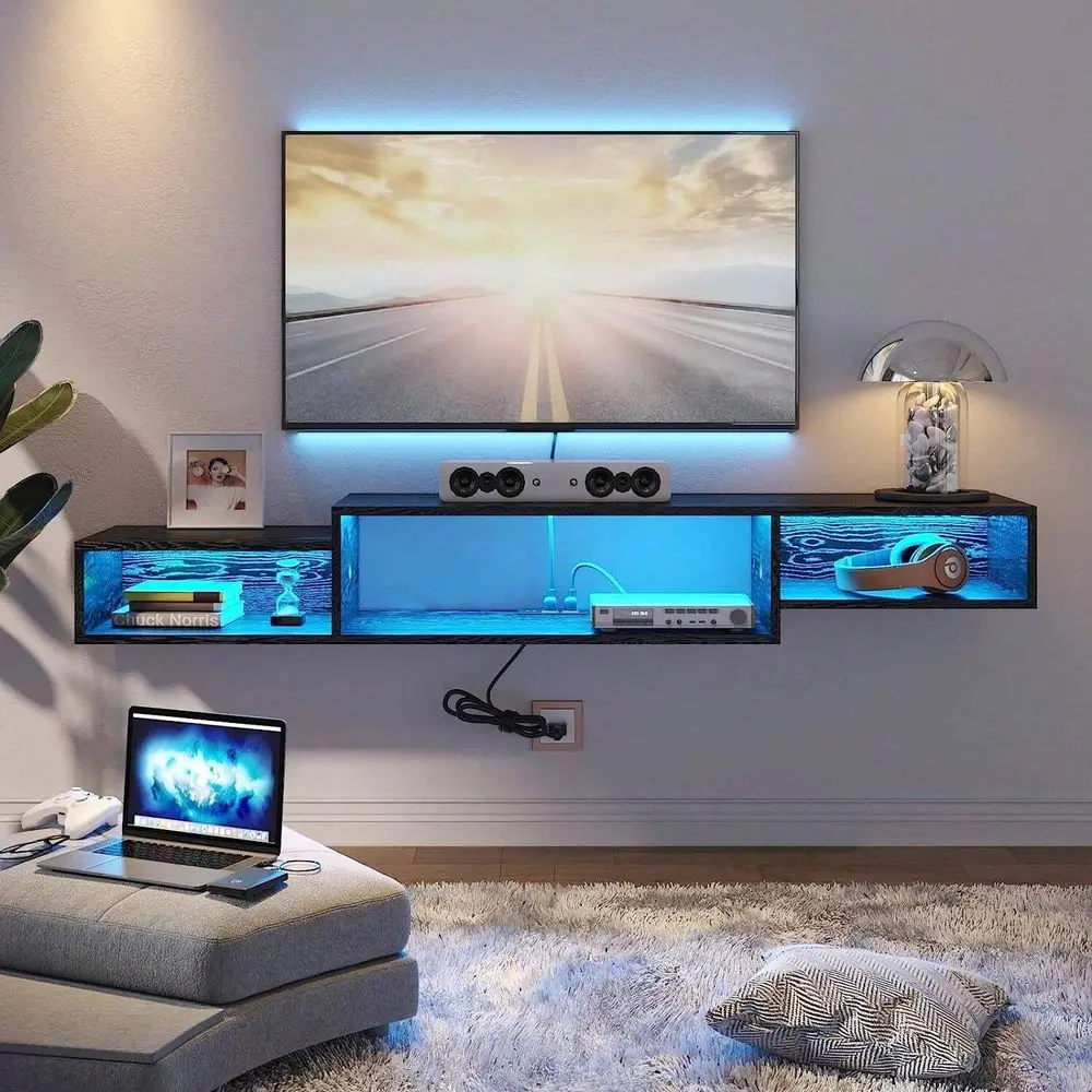 

TV Stand With LED Lights, Power Outlet, 59 Floating TV Shelf For Cable Box Audio Video, Floating Entertainment Center With Stor