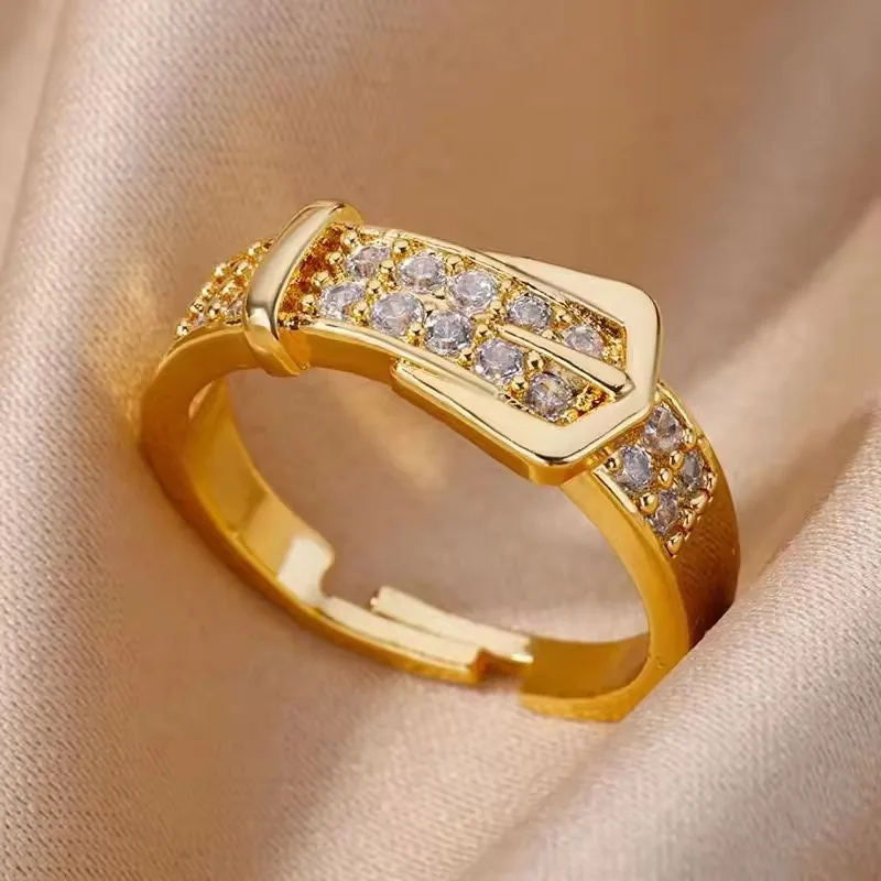 

Micro inlaid zircon belt shaped ring, fashionable, light luxury, adjustable women's jewelry