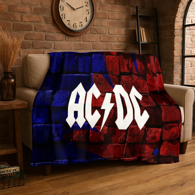 Retro ACDC Rock Band Catoon Flannel Blanket Soft Warm Throw Blanket for Bedroom Living Room Bed Travel Camping Picnic Gift