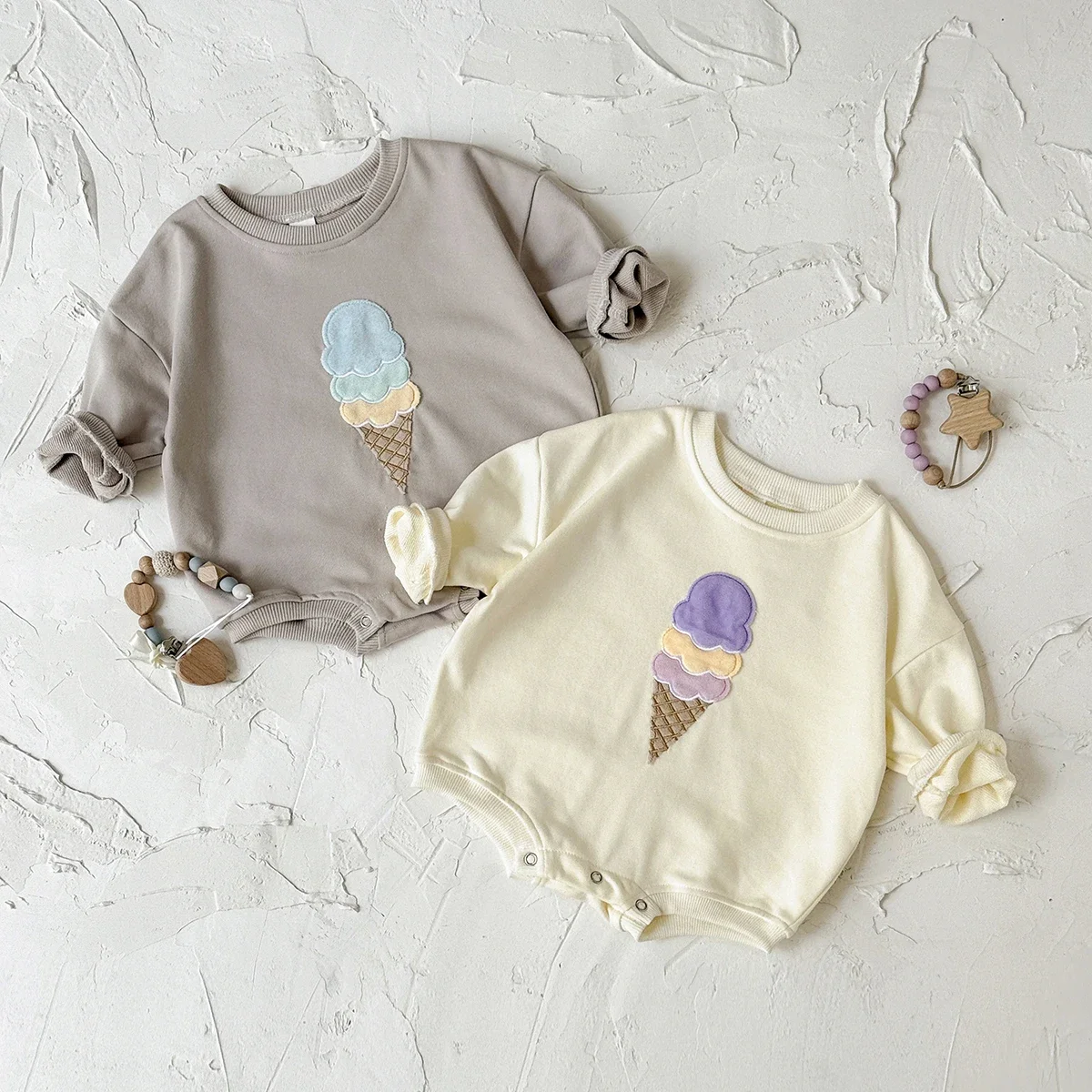 Infant Long Sleeve Ice Cream Sweatshirt Romper, Baby Versatile Crew Neck Bodysuit, Newborn Cute Outfit