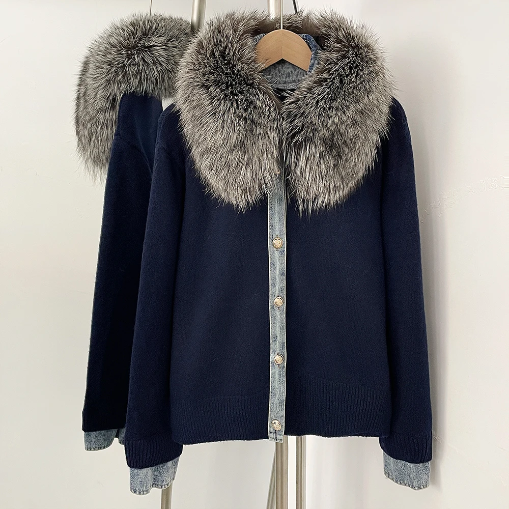 

Женский кардиган с меховым воротником, вязаный свитер с джинсовой отделкой, теплая верхняя одежда на осень