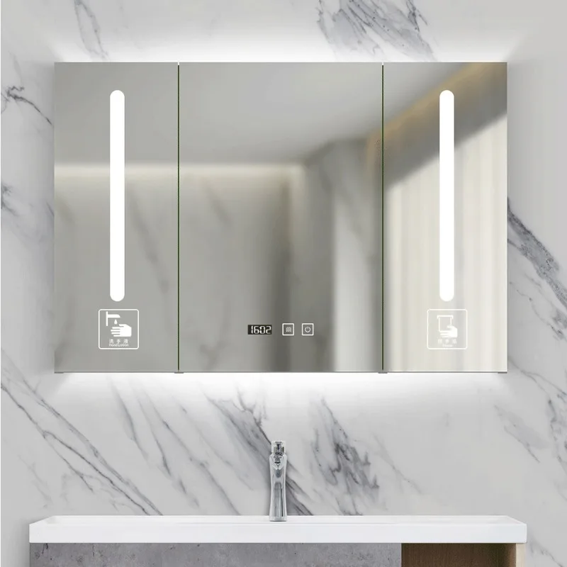 

Wall-mounted stainless steel mirror cabinet, bathroom mirror cabinet with lamp and defogging in the bathroom
