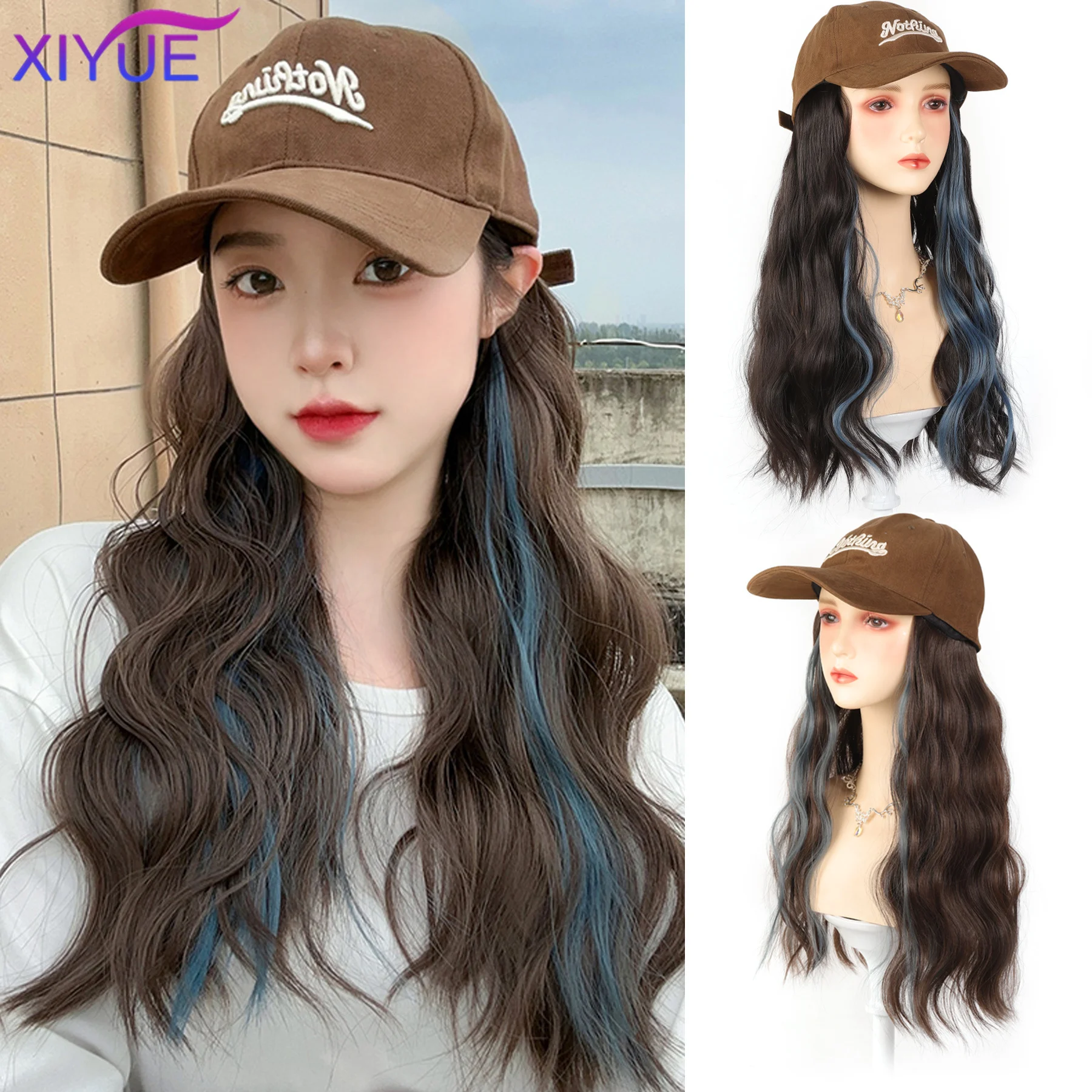 XIYUE Long Synthetic Fluffy Natural Wave Wavy Curly Hair Wigs with Hat Baseball Cap Naturally Connect Adjustable Hat Wig