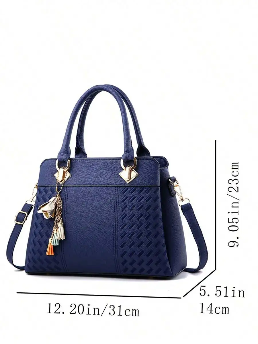 

Womens Stylish Tote Bag With Embossed Pattern And Tassel Pendant Shoulder Handbag