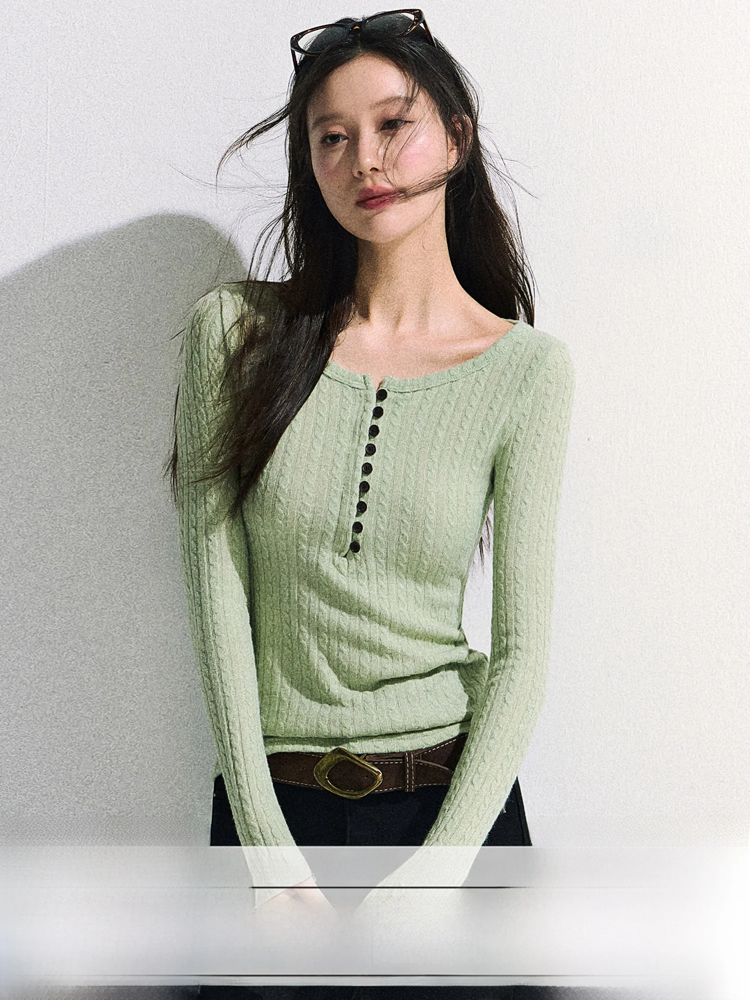 

Женский вязаный свитер 0PASSION с длинными рукавами, мятный, с U-образным вырезом, для ношения как нижний или верхний слой, для повседневной носки, приталенный, в корейском стиле