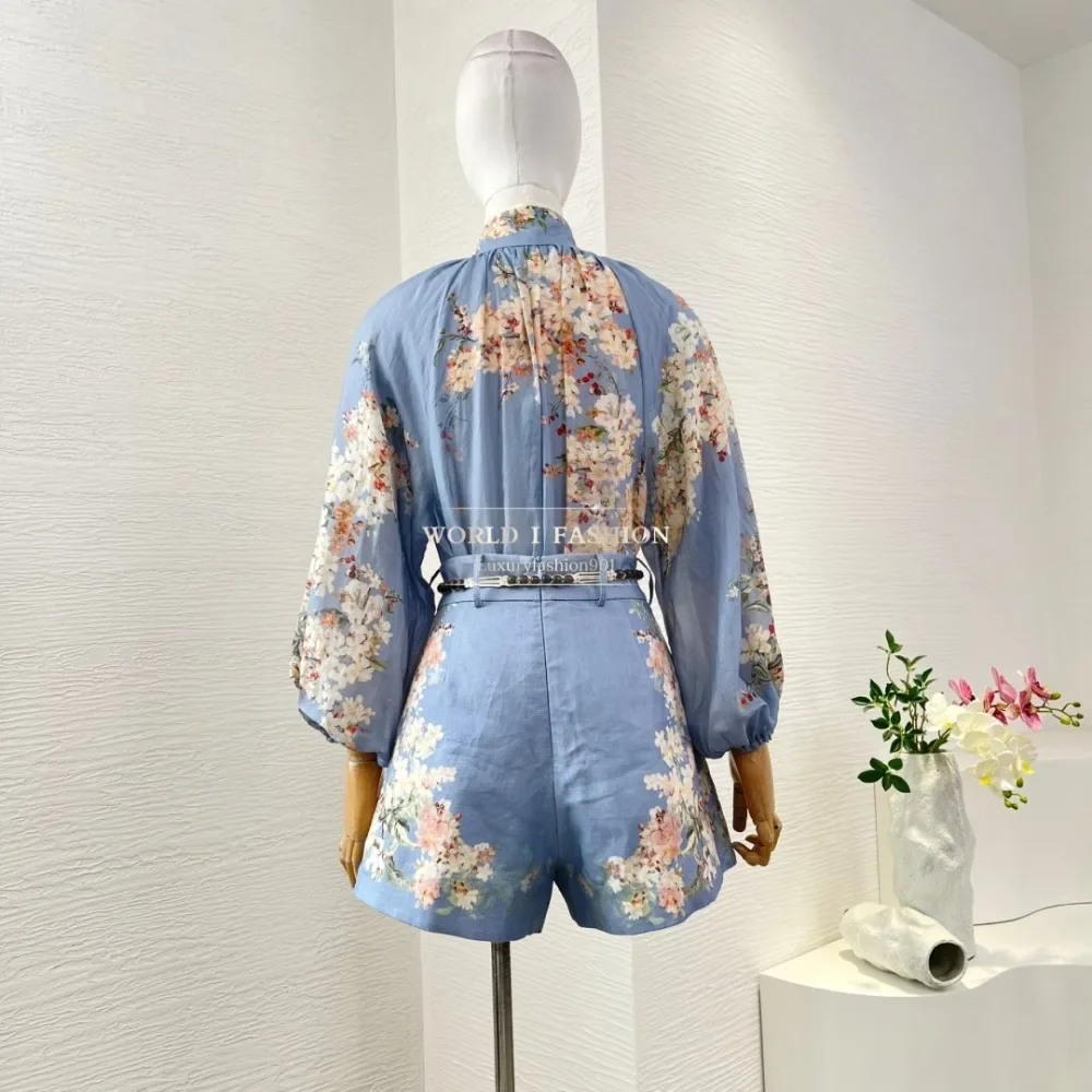 

Violet Purple Floral Print Long Sleeve Blouse Tops and Shorts Set 2025 Ramie Linen Outfit