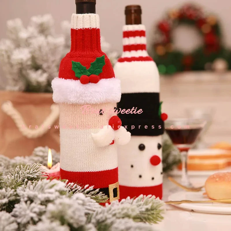 Christmas Wine Bottle Cover Set Santa Snowman Woven Wine Bottle Bags For Christmas Party Dinner Table Decorations New Year Gifts