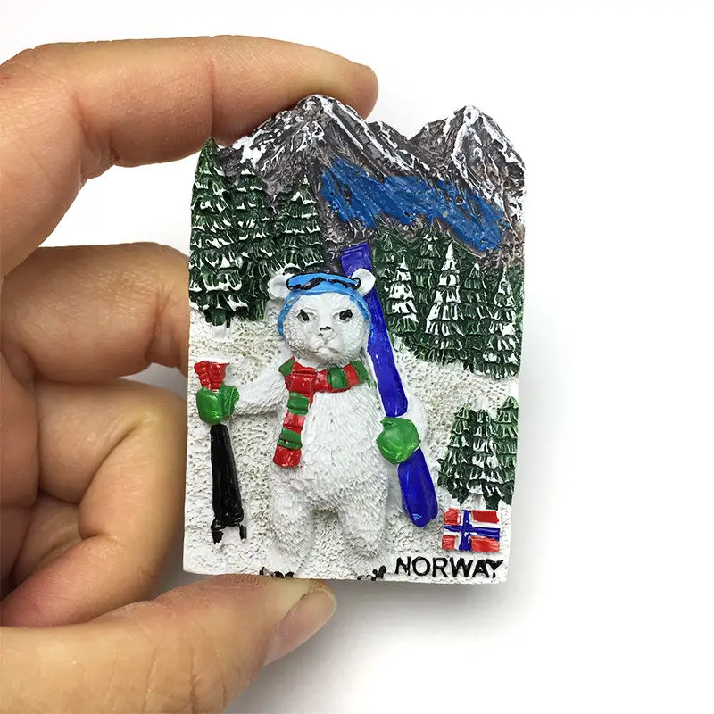 

Norway Snow Mountain Forest 3D Resin Fridge Magnet - Skiing Polar Bear & Flag Cute Home Decor Refrigerator Magnets