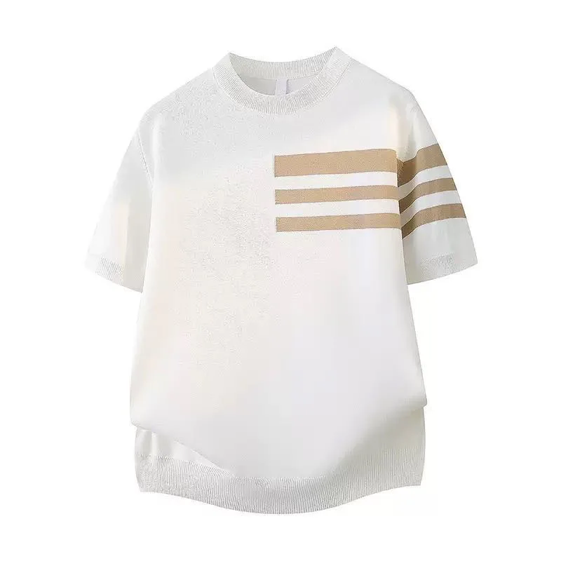 Korean Style 2026 Summer New Fashion Men's Striped Contrast Color O-neck Short Sleeve Breathable Casual Trendy T-shirts Male Top