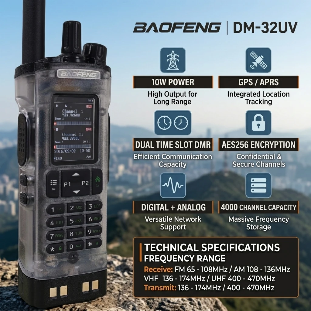 Image of Baofeng Dm-32Uv DMR Digitalfunkgerät 10W Zwei-Wege-Walkie-Talkie AES256 GPS APRS Dual-Band VHF UHF Professionelles Funkgerät für Teams