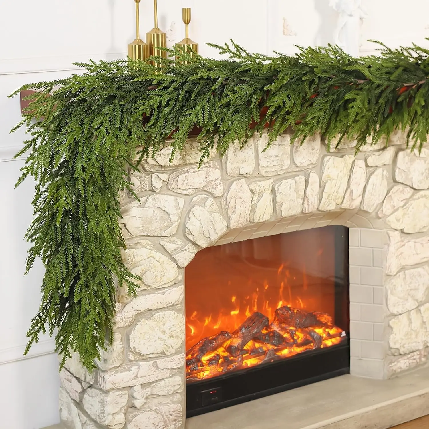 Artificial Christmas Norfolk Pine Garland for Mantle Decor (9 FT,2 PCS) | Lush Faux Pine Needles Garland,Fake Greenery Garland,f