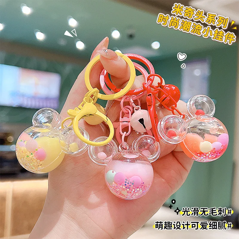 Mini Mickey Head Liquid Keychain Floating Rainbow Jelly Bean Snowflake Quicksand Key Chain Kids Girl Bag Keyring Pendant