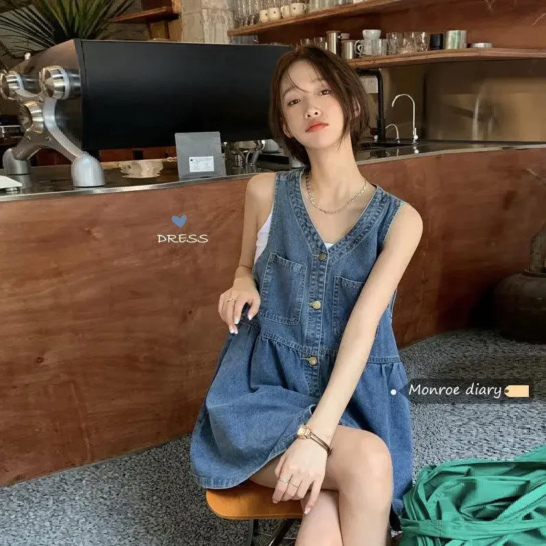 

Sleeveless Strap Dress Women 2023 Summer Single-Breasted Pockets Denim Dresses Woman Korean Style Loose A Line Mini Dress