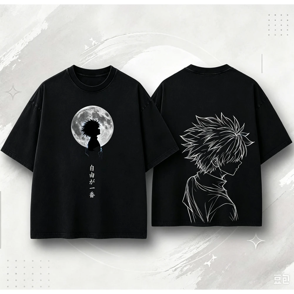 Anime Hunter X Hunter Vintage Men Women T‑Shirt Killua Freedom Print Short‑Sleeve Retro Crewneck Loose Casual Streetwear Top