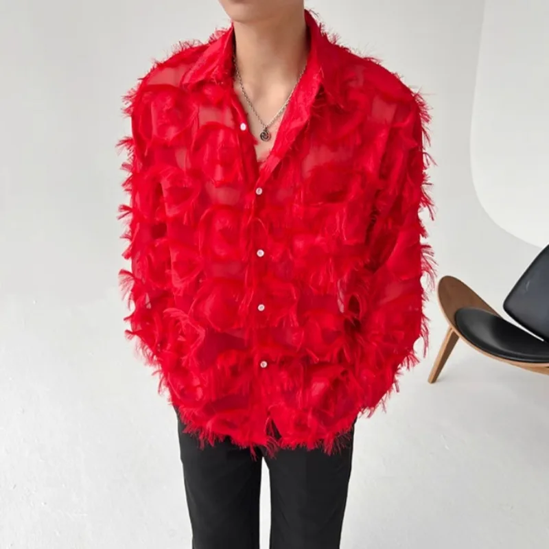 Spring Summer Sexy Retro Hollow Out Men's Shirt Loose Casual Shirt Stage Show Shirt Social Nightclub Streetwear Men Clothing
