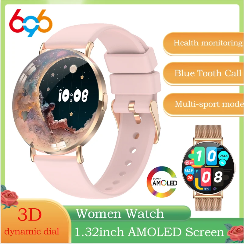 

AMOLED-экран для женщин, Bluetooth-вызов, динамический циферблат, умные часы с синим зубом, пульсометр, спортивные часы для фитнеса, музыкальные умные часы