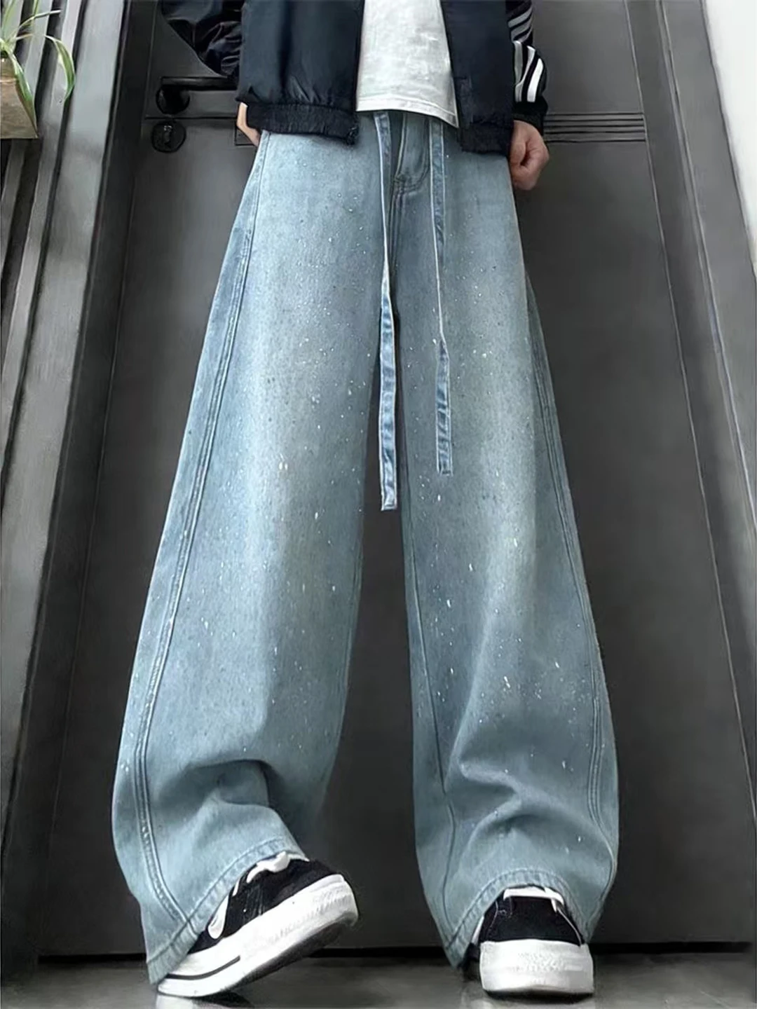 

Light Blue Dstring Wide Leg Jeans Men High Waist Slim Long Pants American High Street Sle Faded Waed out Fit Trousers