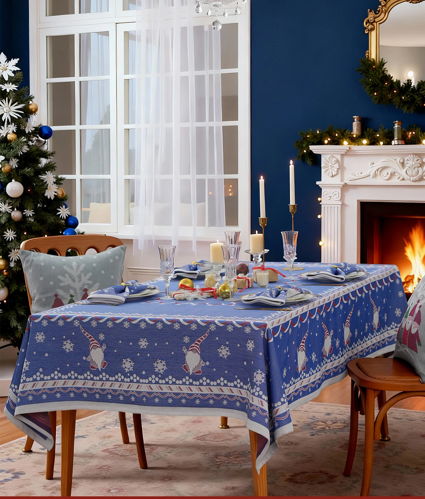 Luxury Christmas Gnome 100% Cotton Festive Snowflake Tablecloth Rectangle Xmas Table Cover New Year Home Decor Table Cloth