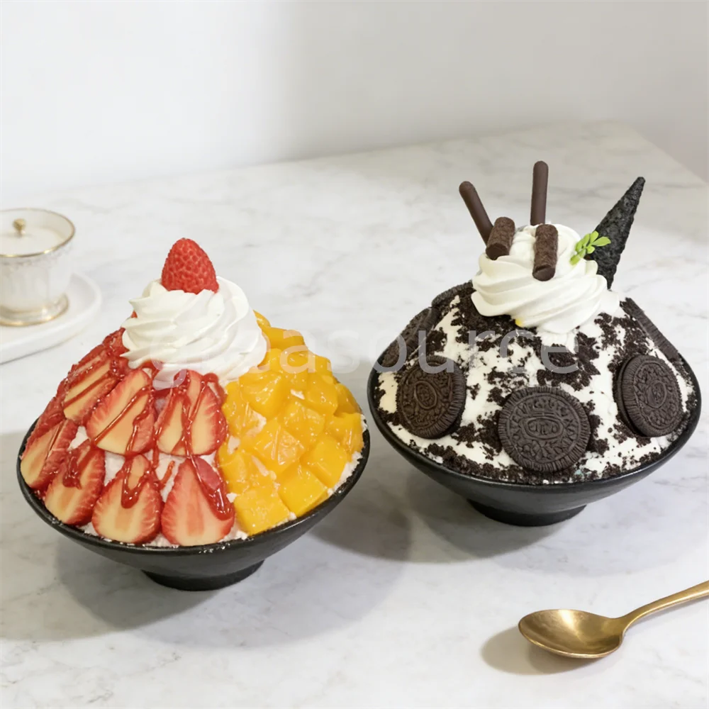 Modelo de Bingsu Coreano de Mango y Fresa, Postre de Hielo Raspado, Réplica de Comida para Exhibición en Cafeterías de Verano, para Fotografía de Menús y Productos con textura de galleta y efecto pegajoso