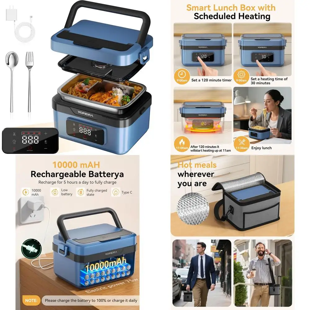 

Большой электрический ланч-бокс на 6,3 чашки с аккумулятором, таймером и контролем температуры для взрослых - портативный подогреватель еды, идеально подходит для офиса