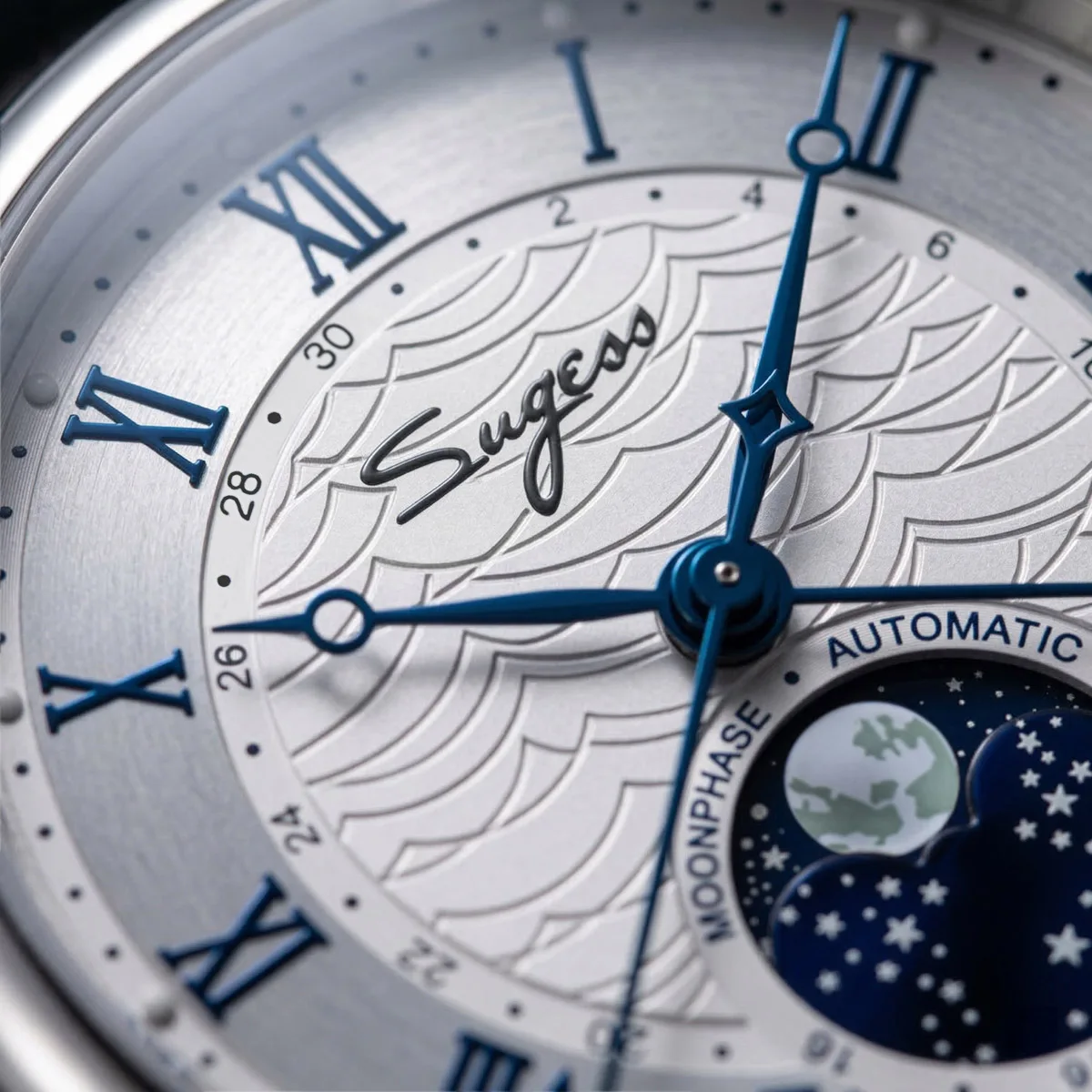 Sugess Watches for Men Automatic Mechanical Watch Moonphase Tianjin ST2108 Waterproof Date Hands Sapphire Crystal Rome Wave Dial