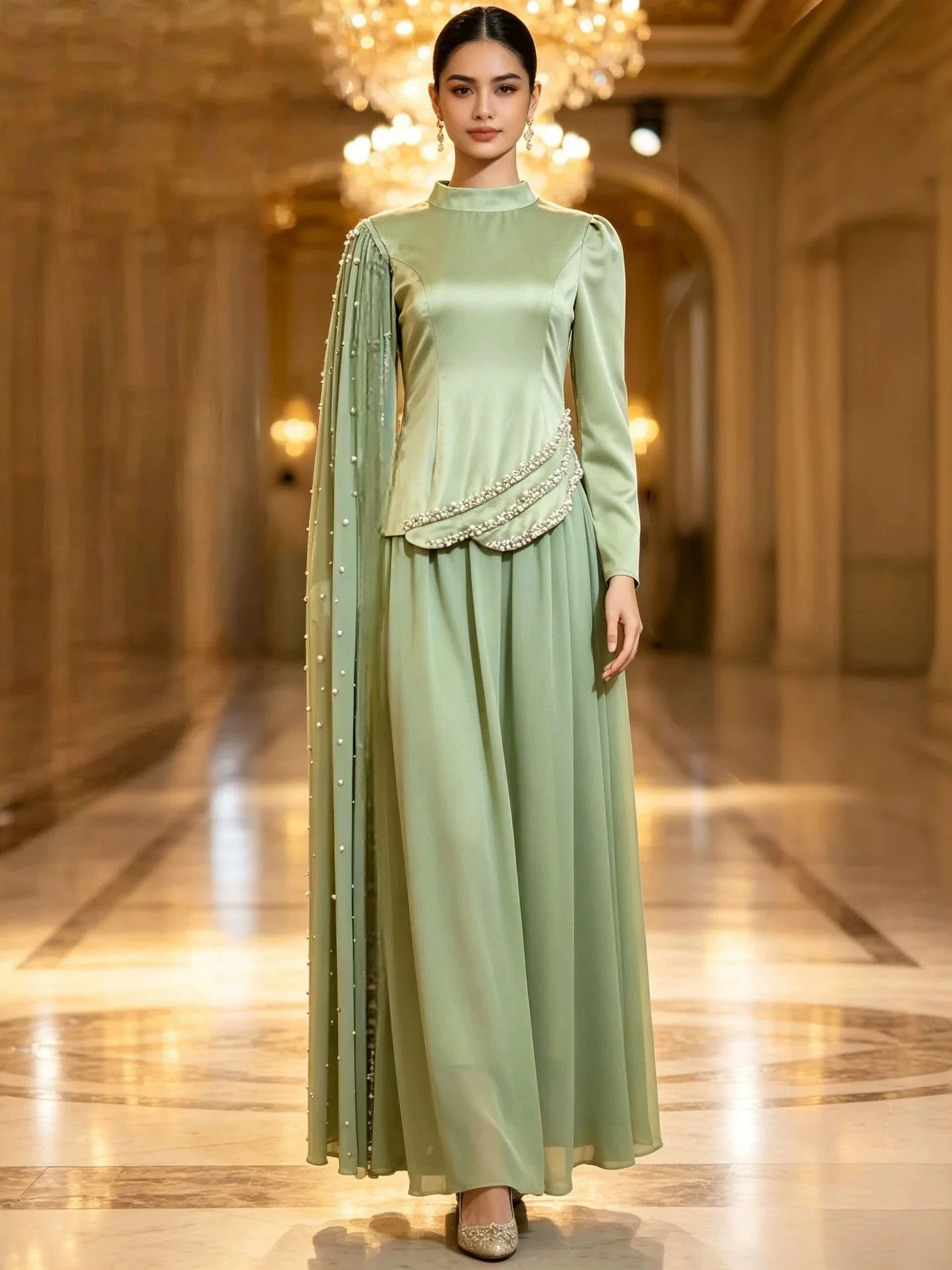

Elegant Light Green Satin Dress with Shawl Sleeves And Bead Decoration Baju Kurung Southeast Asian Style Women's Fashion