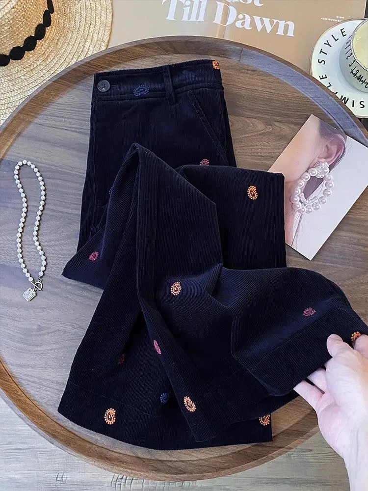 

American High Street Embroidered Corduroy Casual Wide Leg Pants Women Loose Lazy Sle Fce Lined Thi High Waist Straight...