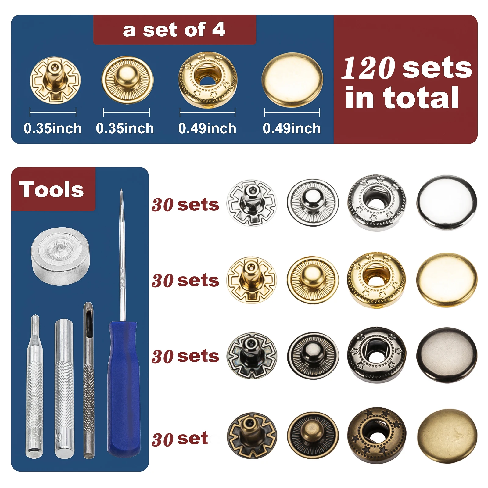 120sets Leather Snap Press Button Fasteners Kit 12.5mm Metal Heavy Duty Snaps Black, Gold,Silver,Bronze With Install Tool