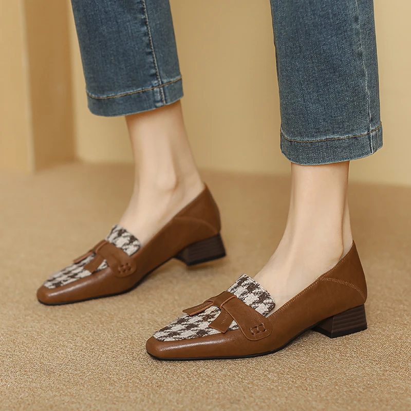 

Genuine Leather Womens Loafers Mix Fabric texture Retro Womens Pumps Square Toe Fashion High Heel Casual Single Woman shoe