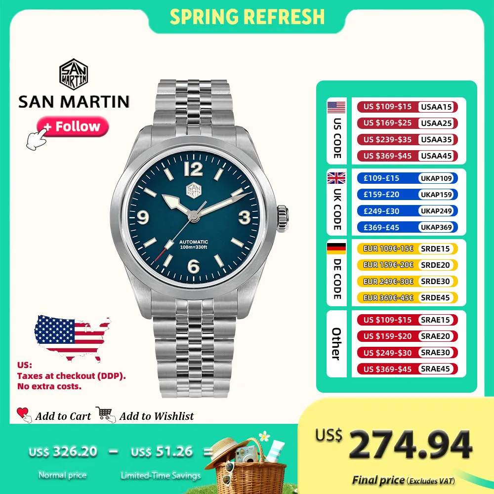 

San Martin Men's Watch PT5000 38mm Explore Climbing Sport Couple Wristwatch Automatic Mechanical Luminous Waterproof 100m SN0107