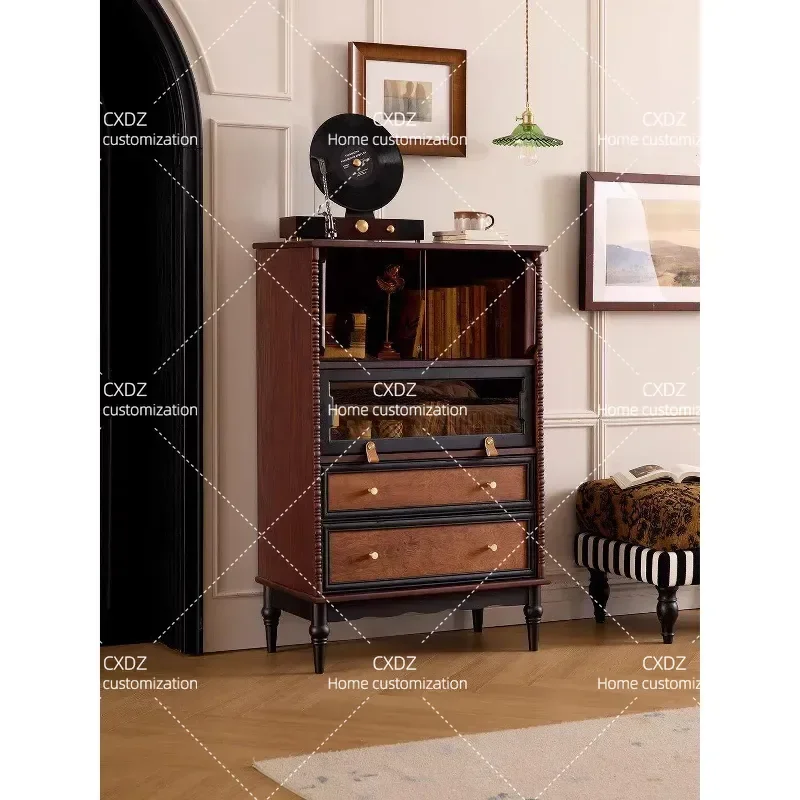 Retro Solid Wood Chest Living Room TV Cabinet Sofa Side Table Contrasting Color Display Storage Unit Bedroom Locker with