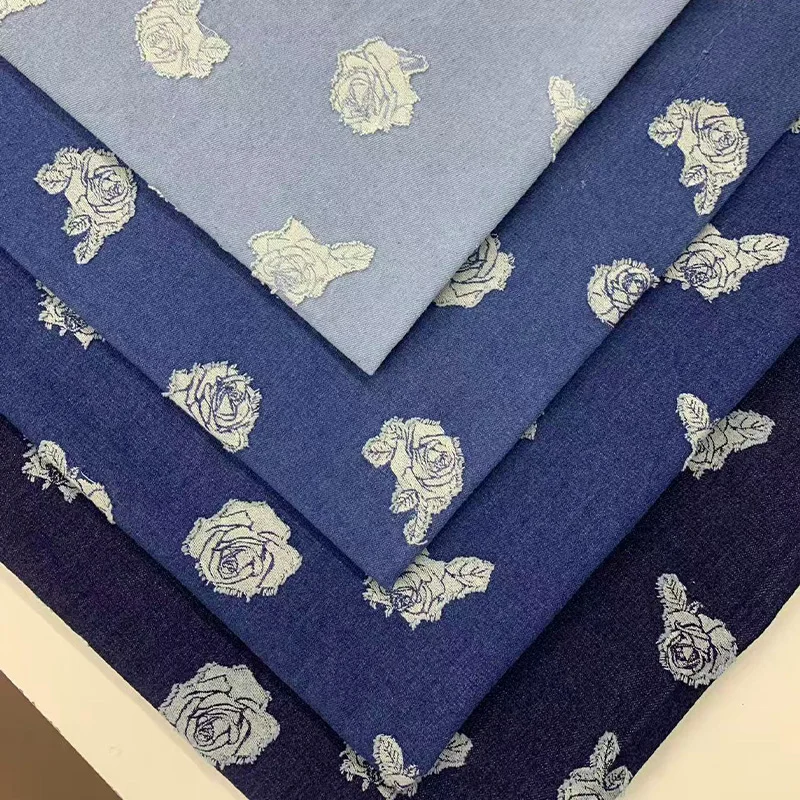 

Washed Denim Fabric Rose Jacquard Pattern Soft Sewing Material for Dresses Bags Pants Hats - Wearable Denim Textile Cloth