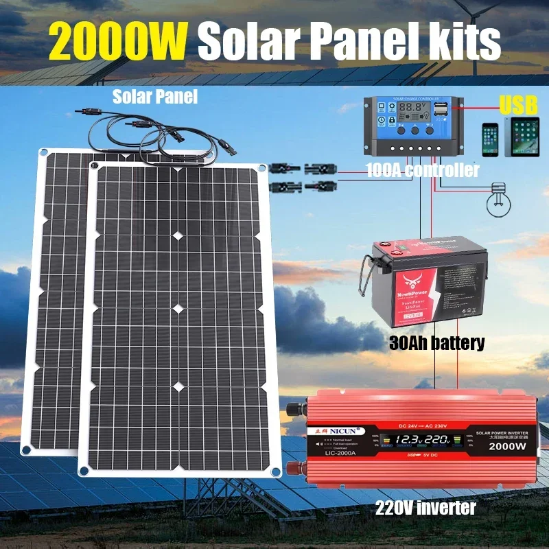 2000W Off-Grid Solar Complete Kit Power 100A Controller,110V 220V Inverter&10AH 30AH LiFePO4 Battery for Home/RV/Camping
